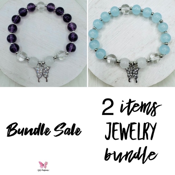 Violet & Blue Beaded w/ Sparkly Butterfly Charm Bracelet Bundle- Small wrists - Picture 1 of 7